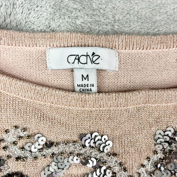 Cache Silver Thread Beaded BUTTERFLY Size M Sweater Blush Pink Vintage 1990S - Picture 2 of 6